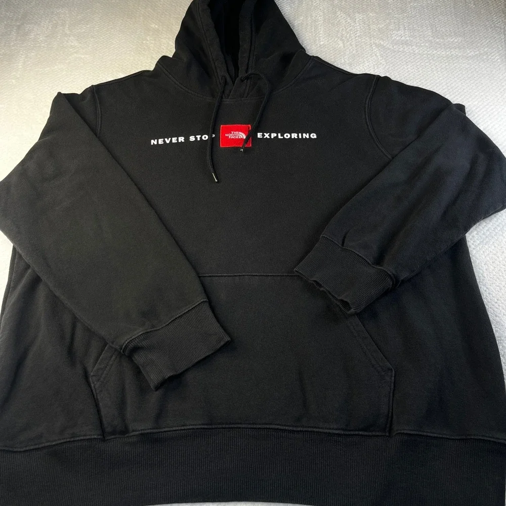 The North Face Mens Never Stop Exploring Black Hoodie Red Logo Patch XL
